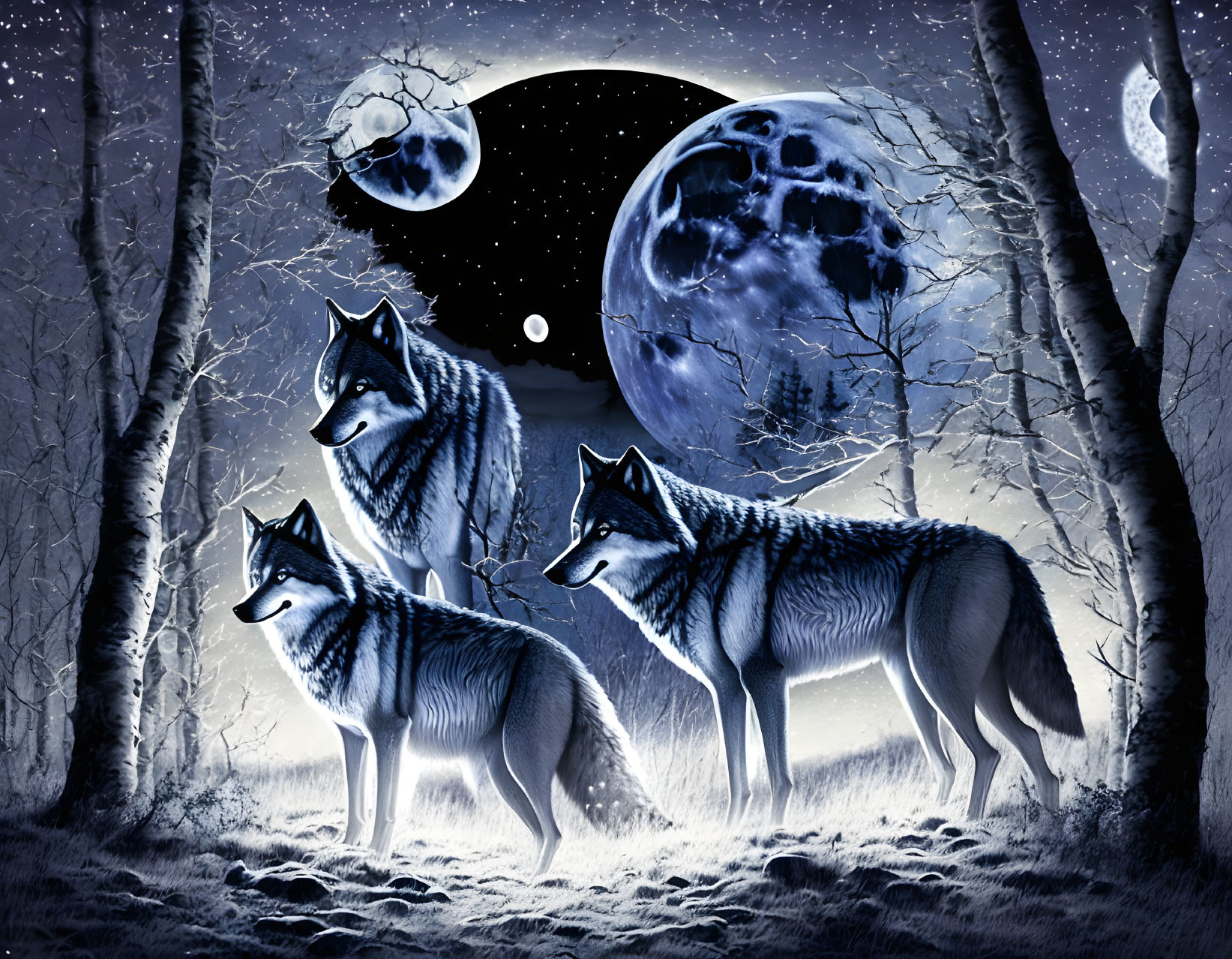 Four wolves in snowy forest under full moon and smaller moon, casting mystical blue light.