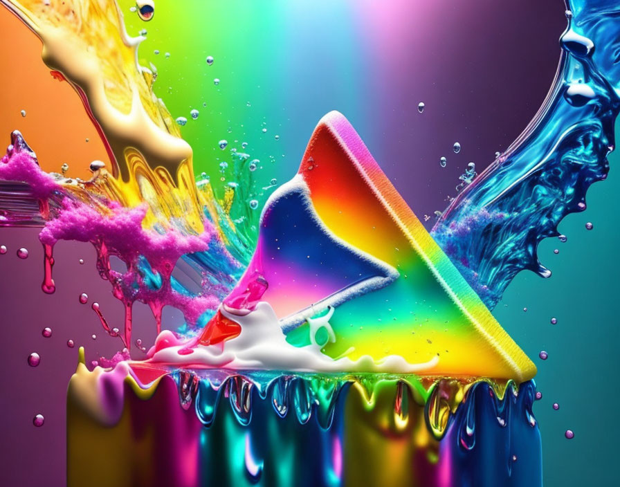 Colorful liquid splashes above rainbow-painted cleaning brush