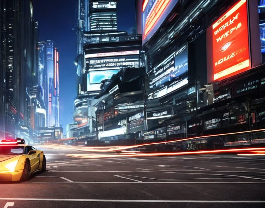 Yellow sports car racing in futuristic city at night