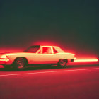 Vintage car under red neon light with motion blur on dark background