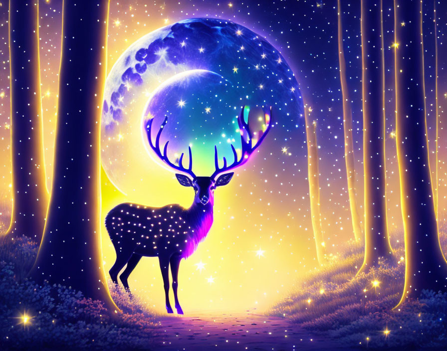 Mystical glowing antler deer in enchanting forest landscape