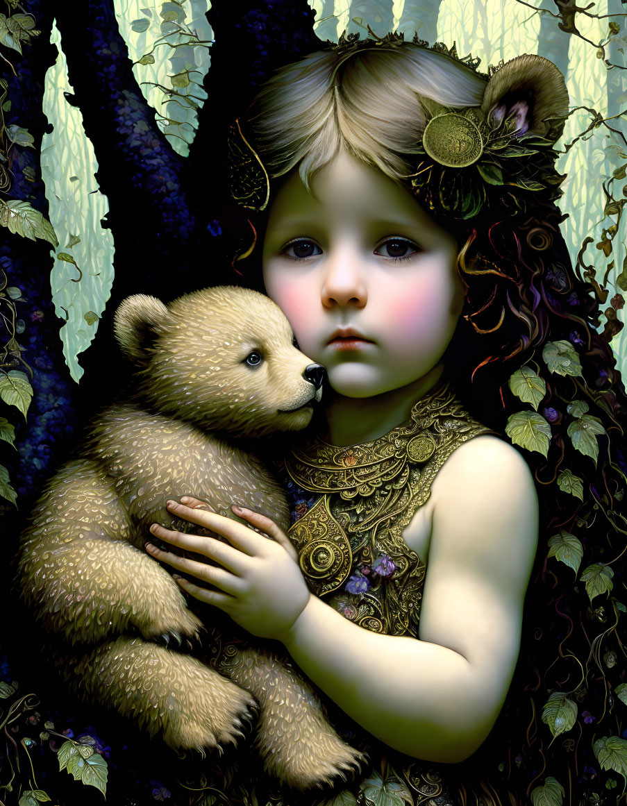 Child Embracing Bear in Forest Setting