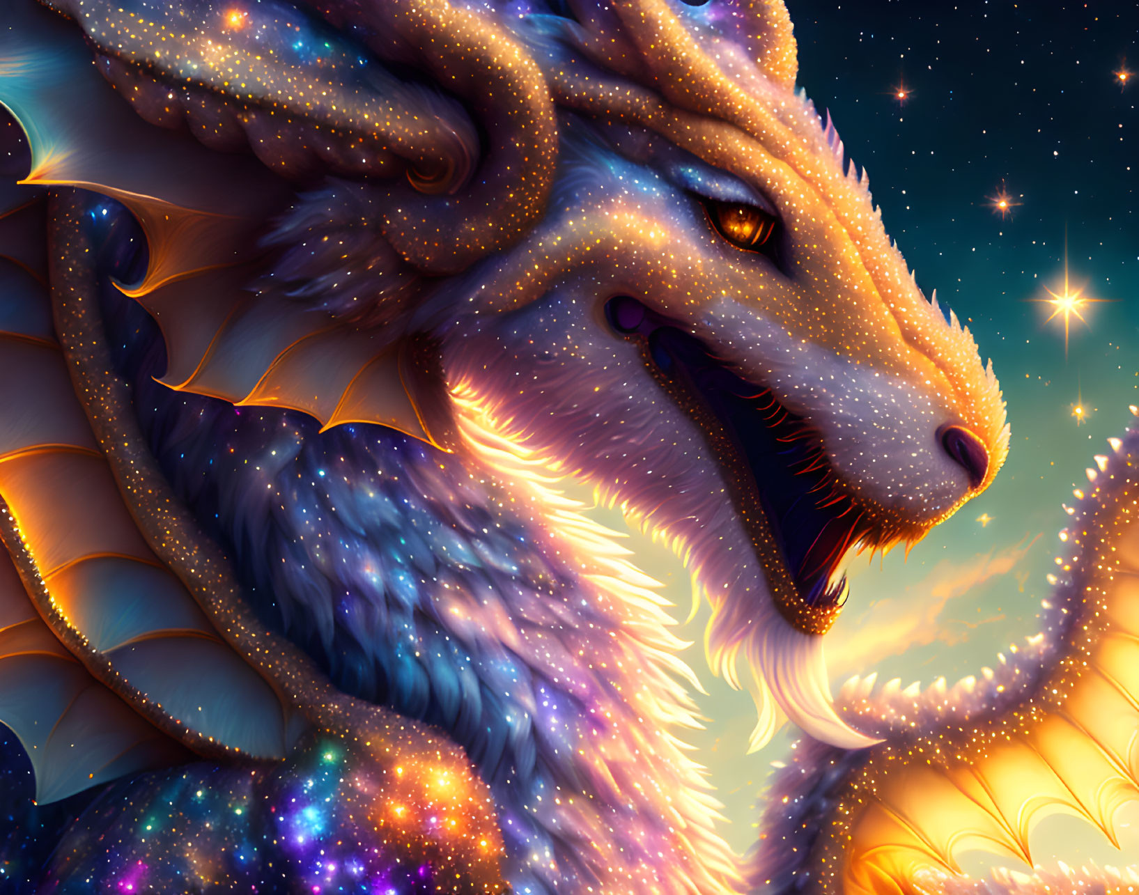 Colorful cosmic dragon with golden horns and fiery mane in starlit sky.