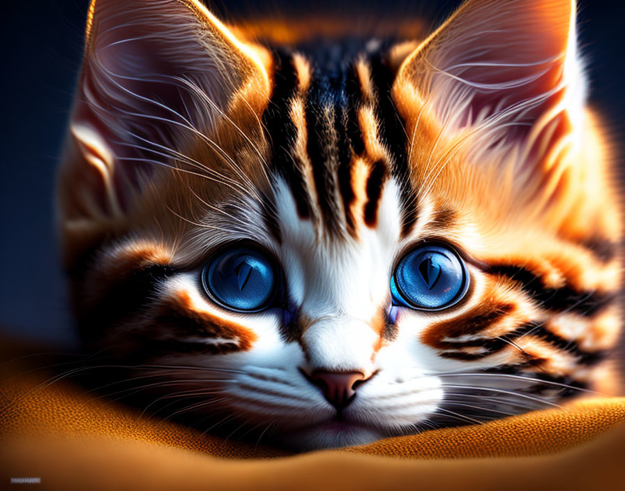 Adorable kitten with blue eyes and tabby markings on golden fabric