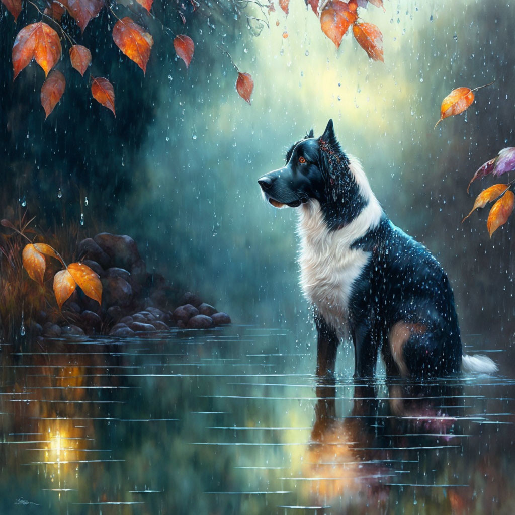 Black and white dog by reflective water in autumn rain with falling leaves