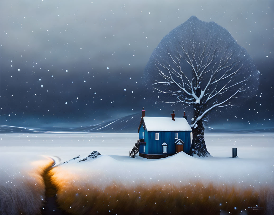 Snowy Landscape: Solitary Blue-roofed House Under Bare Tree