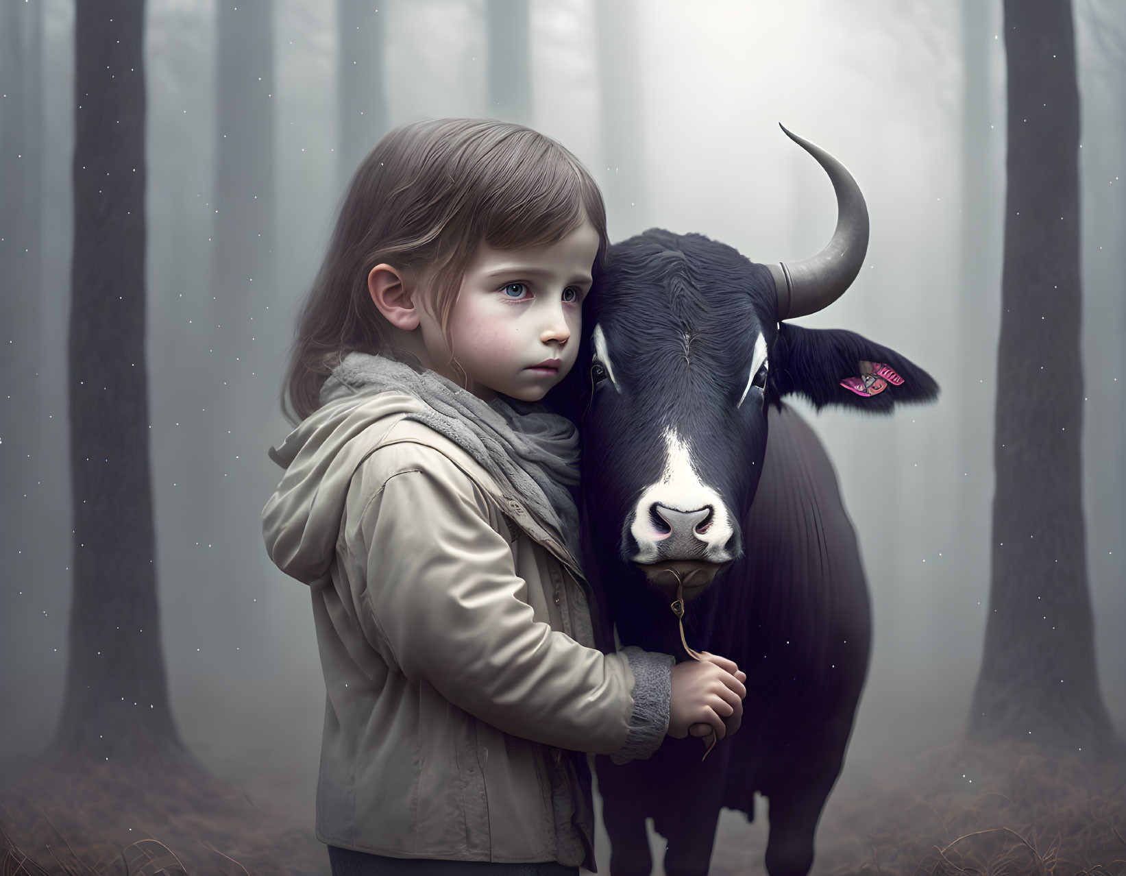 Child and black cow in serene forest setting