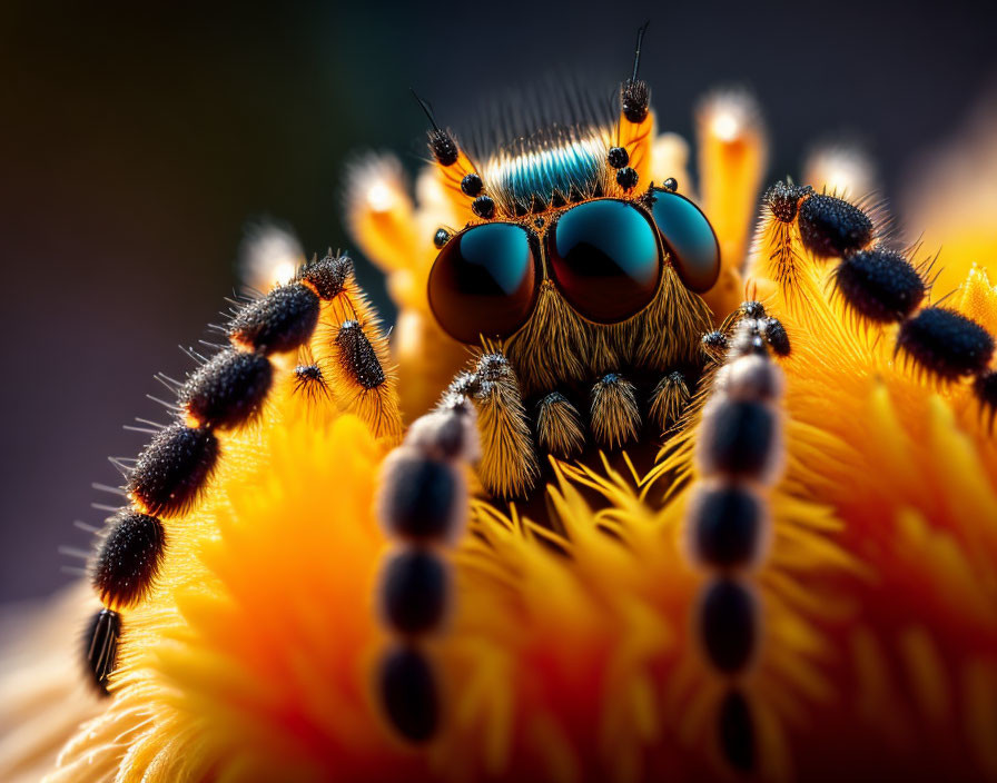 Jumping spider close-up on vibrant orange surface