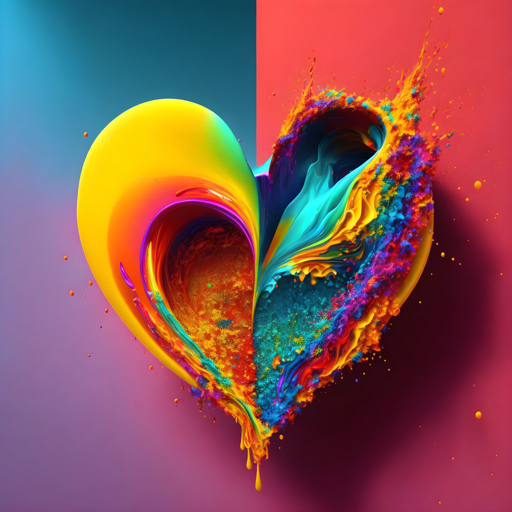 Colorful 3D heart with liquid splash effect on split blue and red background