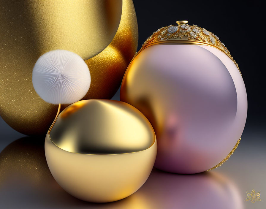 Three ornate spheres: golden, pink, and white, with a smooth and shiny finish, eleg