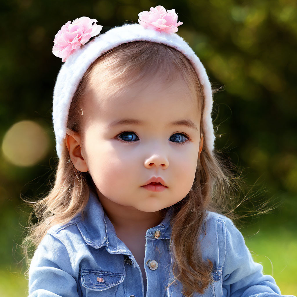 Toddler in denim shirt and floral headband on green background