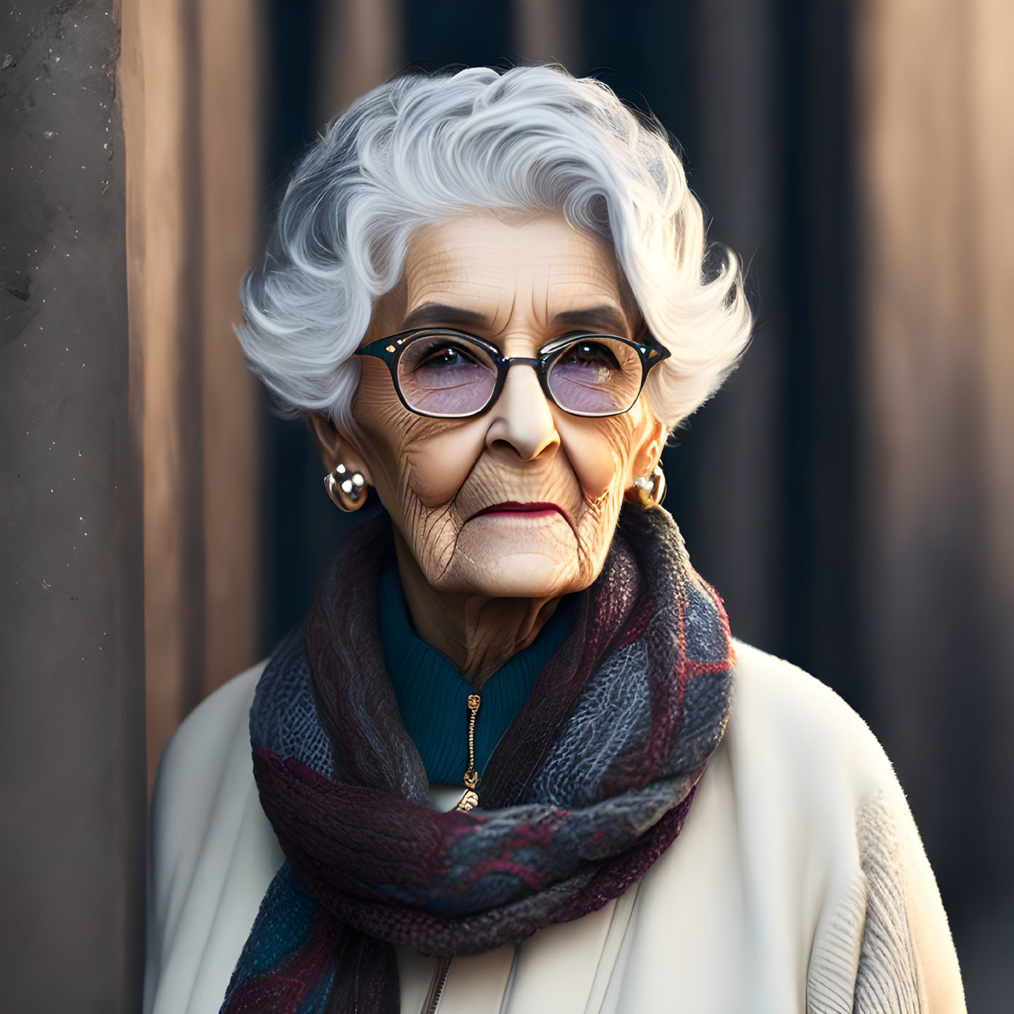 Elderly woman with white hair and glasses in pensive pose