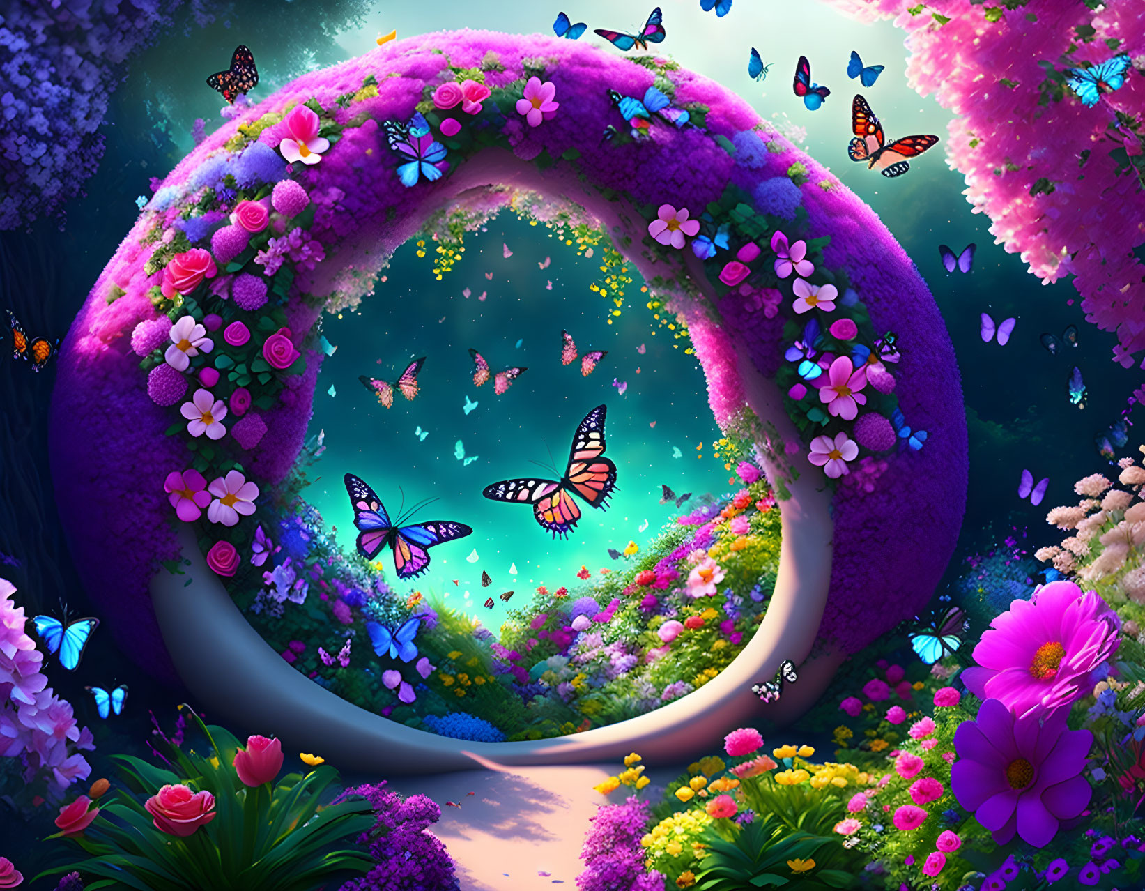 Fantasy garden with flower arch and butterflies under starry sky