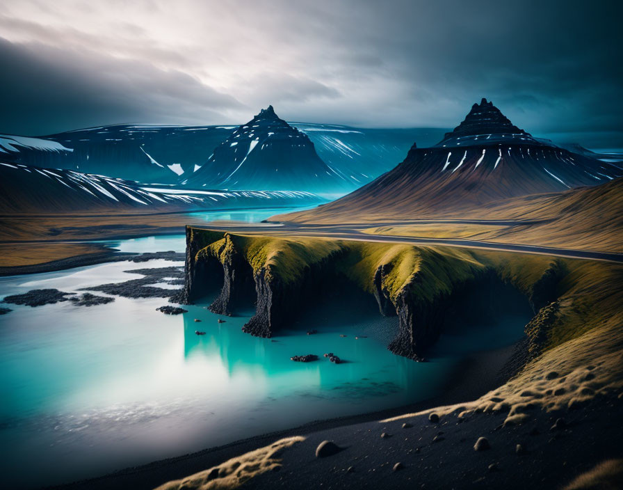 Turquoise River in Volcanic Landscape with Majestic Mountains