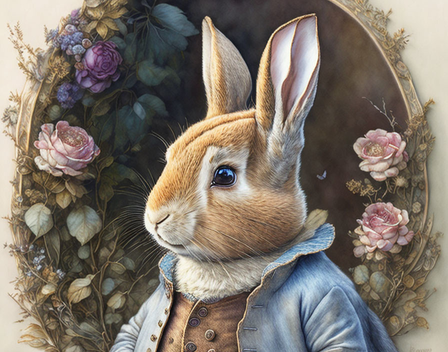 Detailed anthropomorphic rabbit in blue coat and waistcoat, ornate frame with roses.