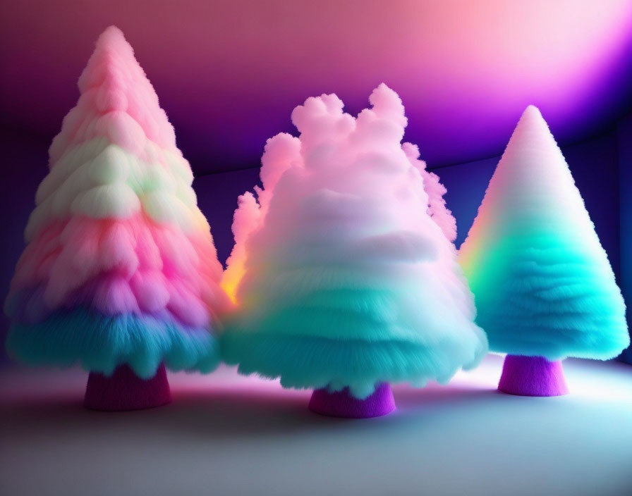 Colorful Fluffy Trees in Pink, Blue, and Purple Lighting