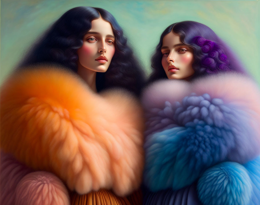 Two women in colorful fur coats with flowing hair, one in warm tones and the other in cool tones