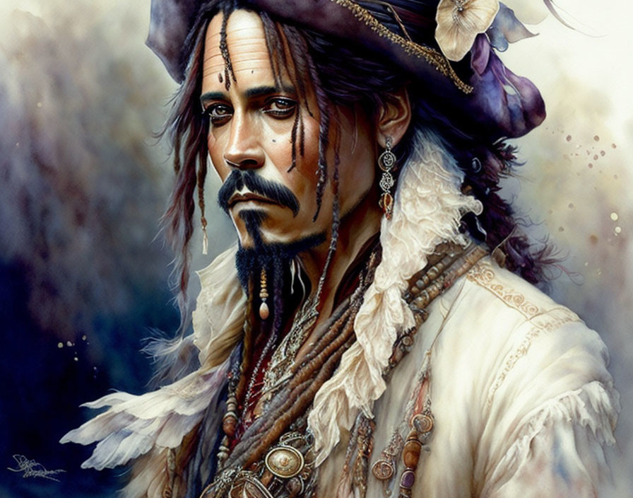 Portrait of a man in pirate attire with mustache and goatee