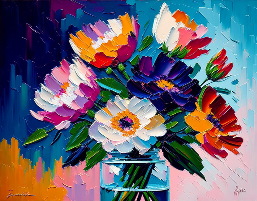 Colorful Flower Vase Oil Painting with Bold Strokes