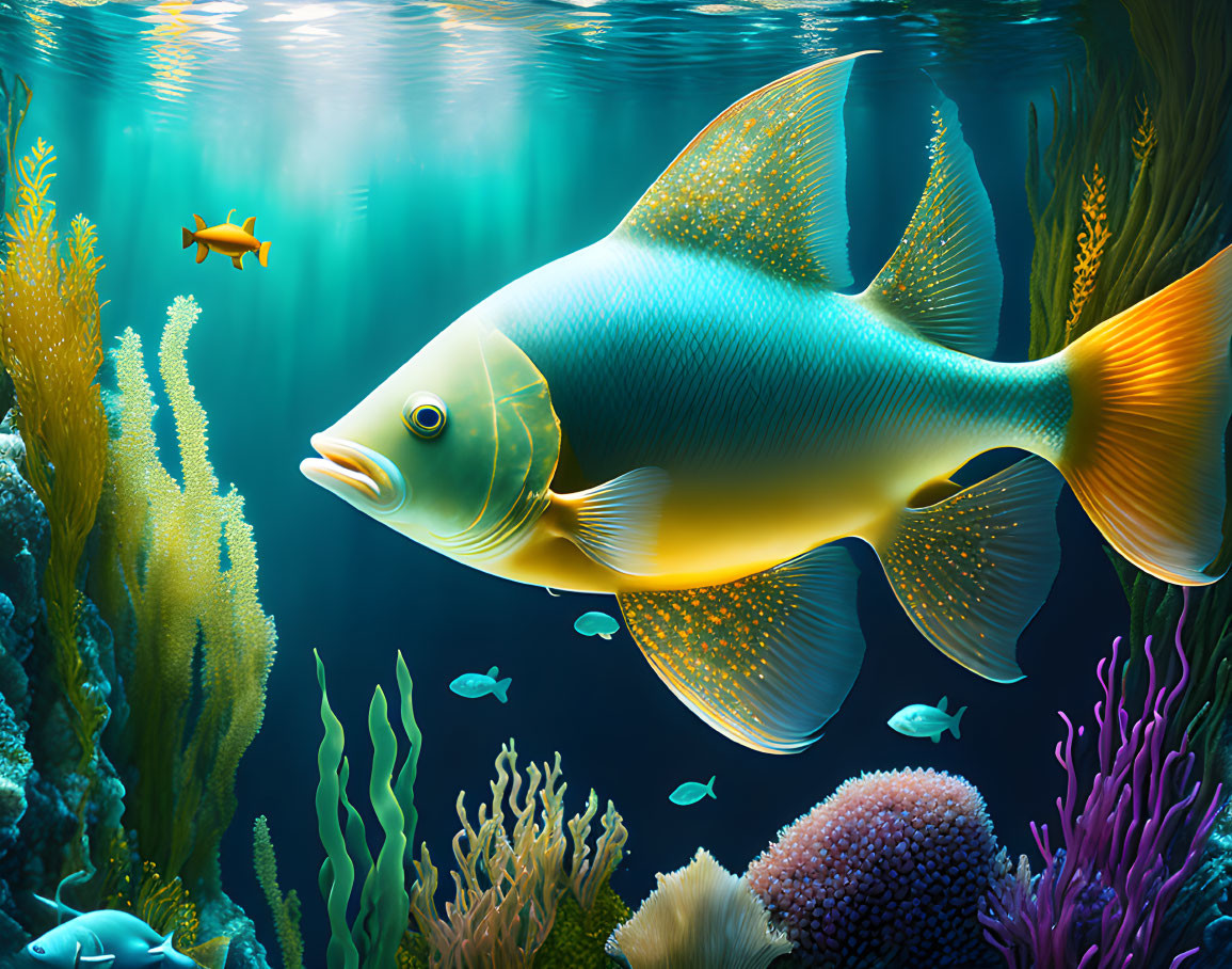 Colorful Underwater Scene with Large Yellow Fish and Coral Reef