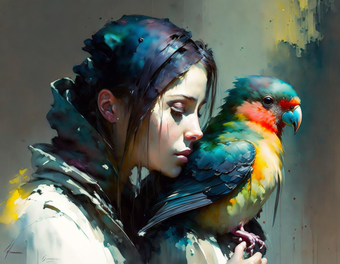 Serene woman with colorful parrot in vibrant painting