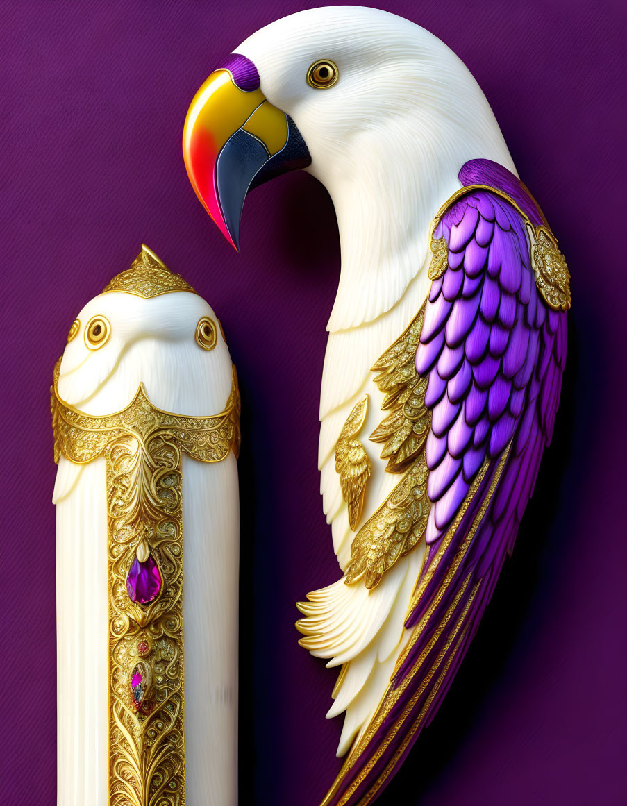 White Eagle with Golden Beak on Purple Background with Ornate Details