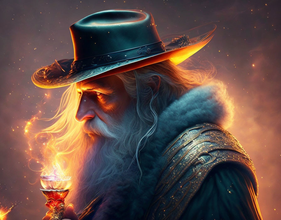 Bearded wizard in hat with glowing chalice and fire sparks