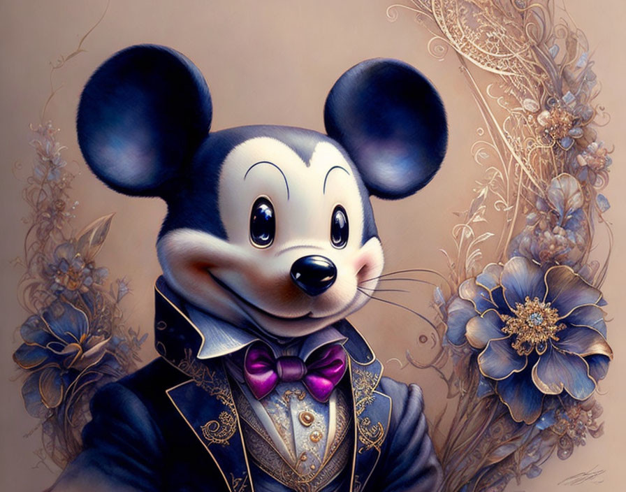 Victorian-style outfit Mickey Mouse portrait with floral background