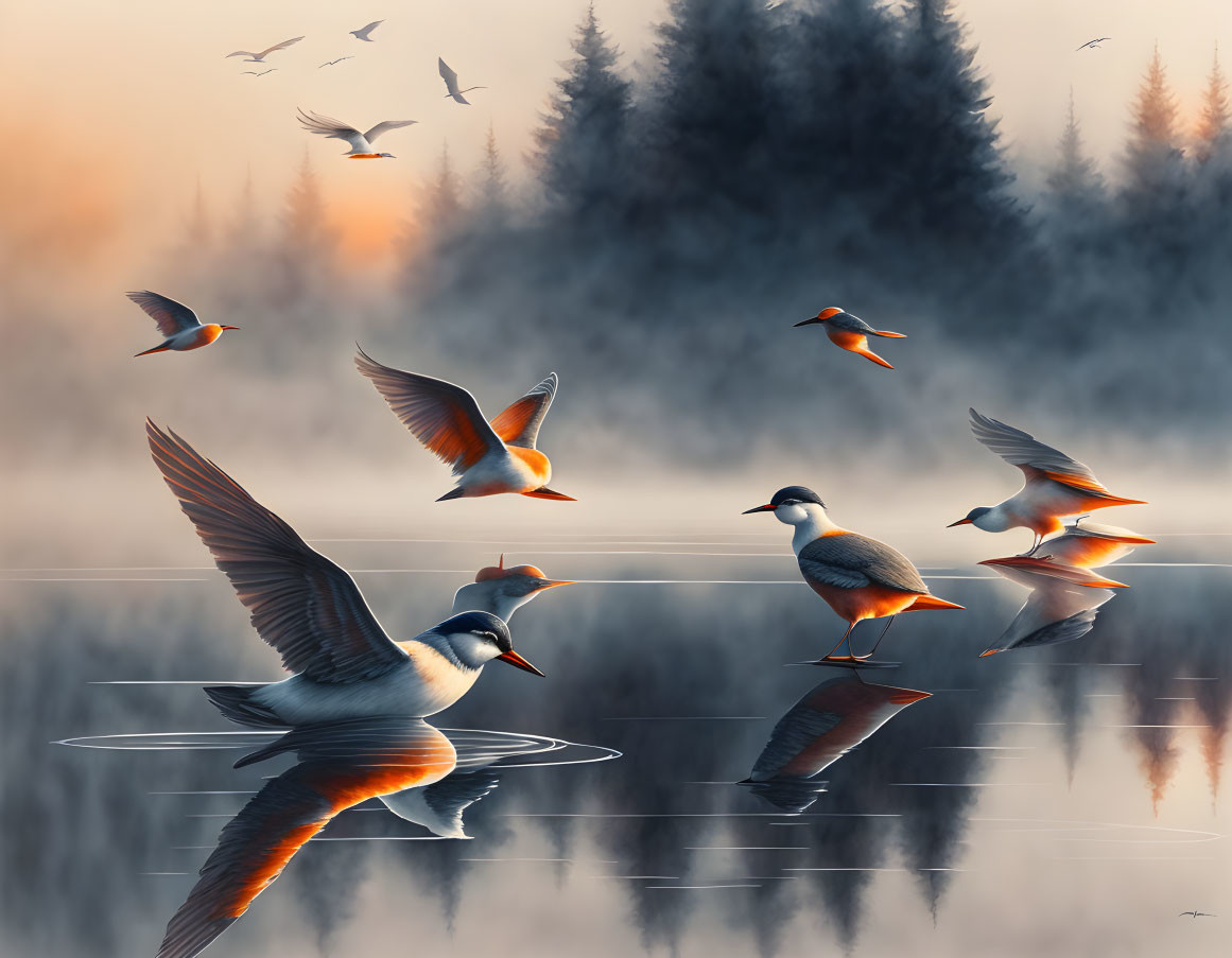 Birds Flying and Standing Over Misty Lake at Dawn