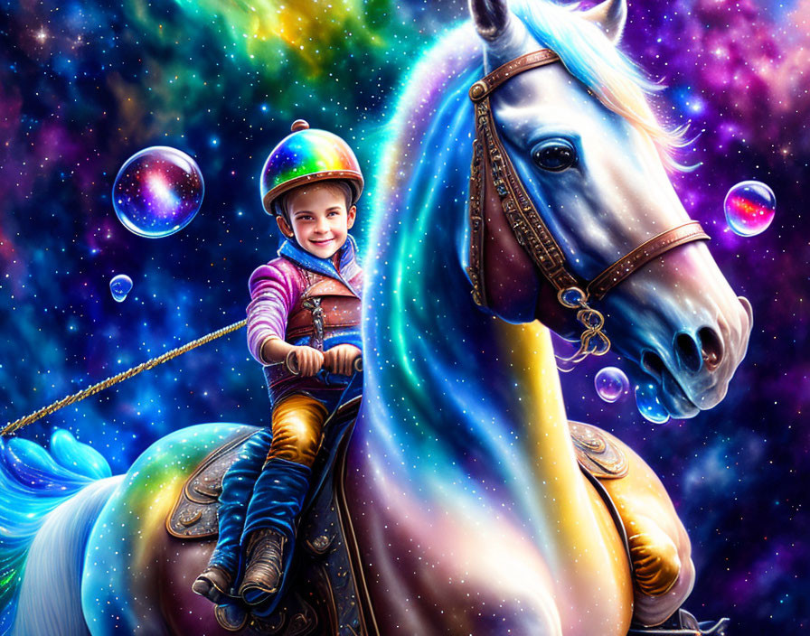 Child in space helmet riding majestic horse in cosmic scenery.