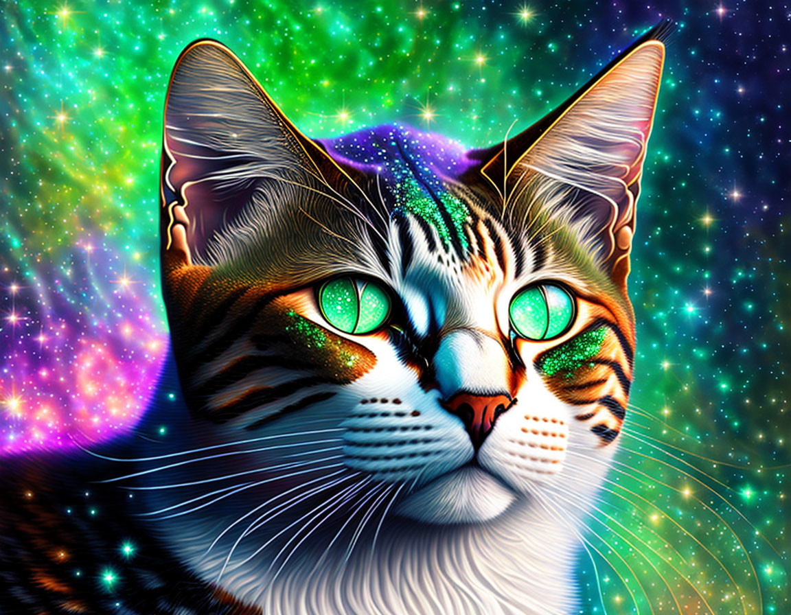 Colorful digital art: Cat with green eyes in cosmic setting