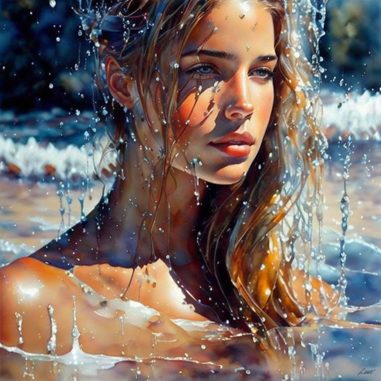 Woman in Water with Sunlit Droplets Cascading