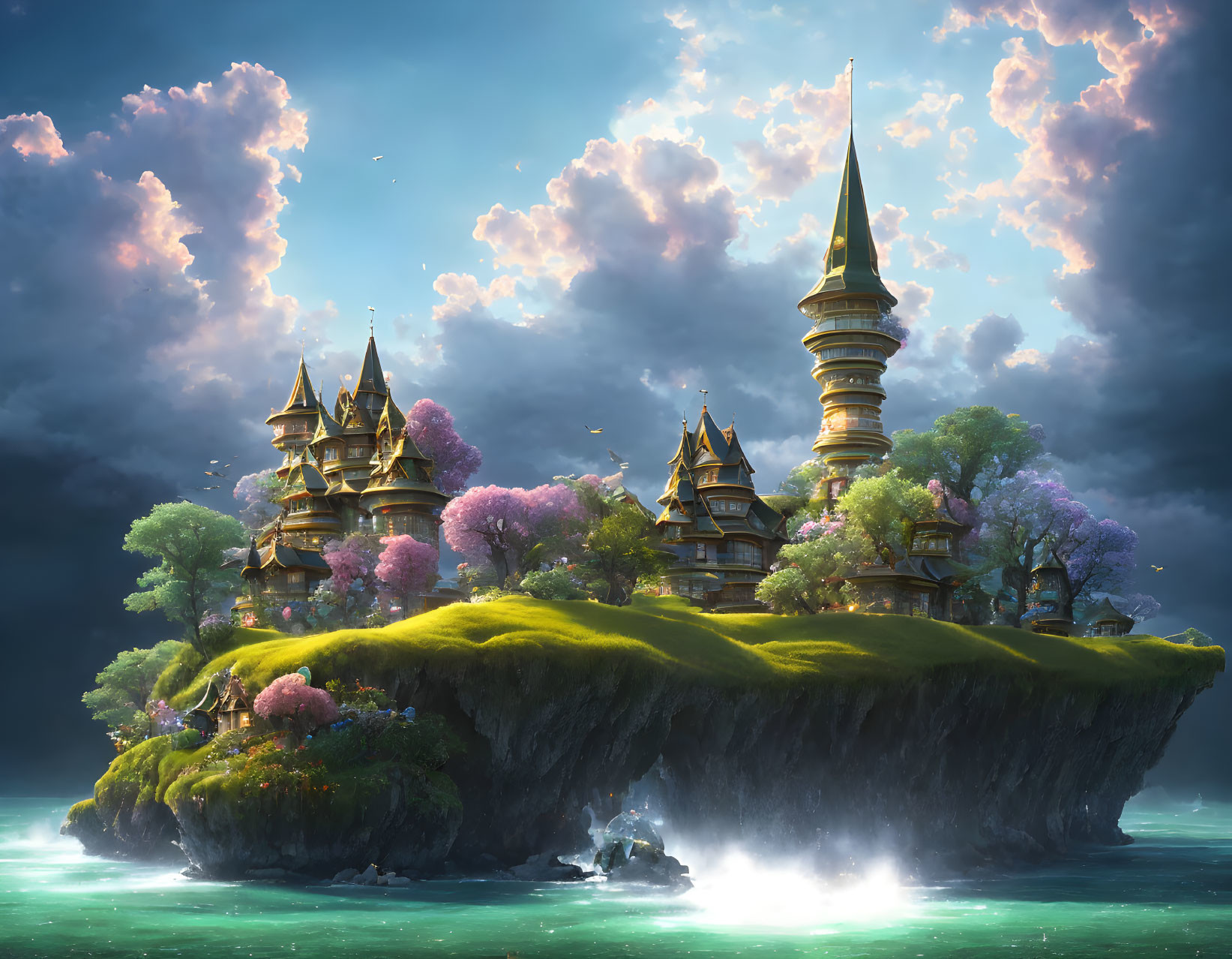 Fantastical floating island with elegant buildings and pink trees under dramatic sky