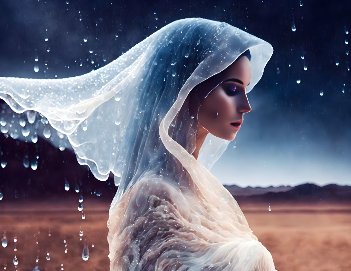 Serene woman in translucent veil against desert backdrop with water droplets.