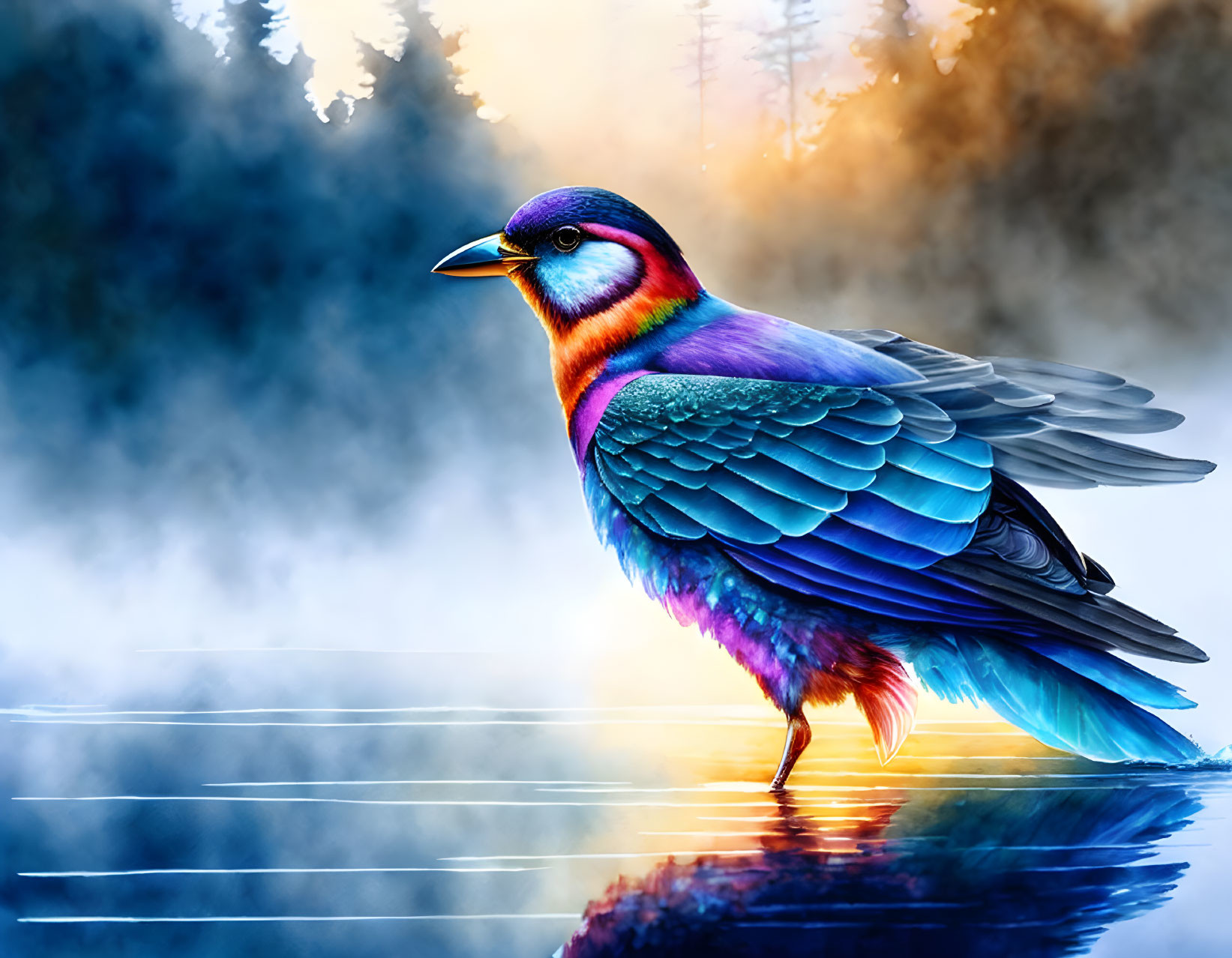 Colorful bird with blue wings near water in misty forest landscape