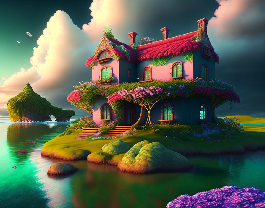 Colorful fairytale house on island with pink foliage in sunset scene