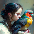 Serene woman with colorful parrot in vibrant painting