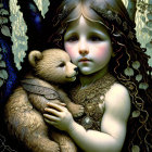 Child Embracing Bear in Forest Setting