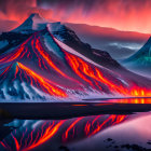 Vibrant volcanic landscape with lava flows, red sky, and water reflection