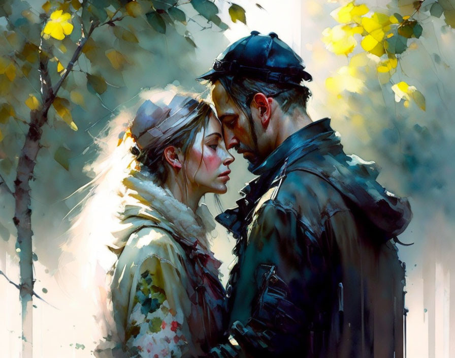 Romantic couple in cap and woman touching foreheads in autumn setting