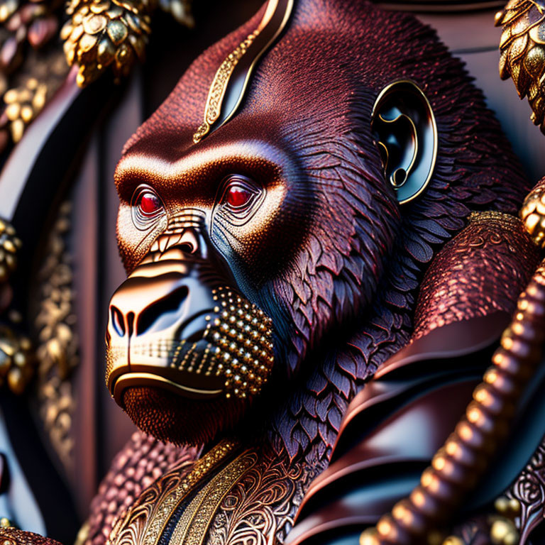 Detailed digital artwork: stylized gorilla with golden patterns on dark background