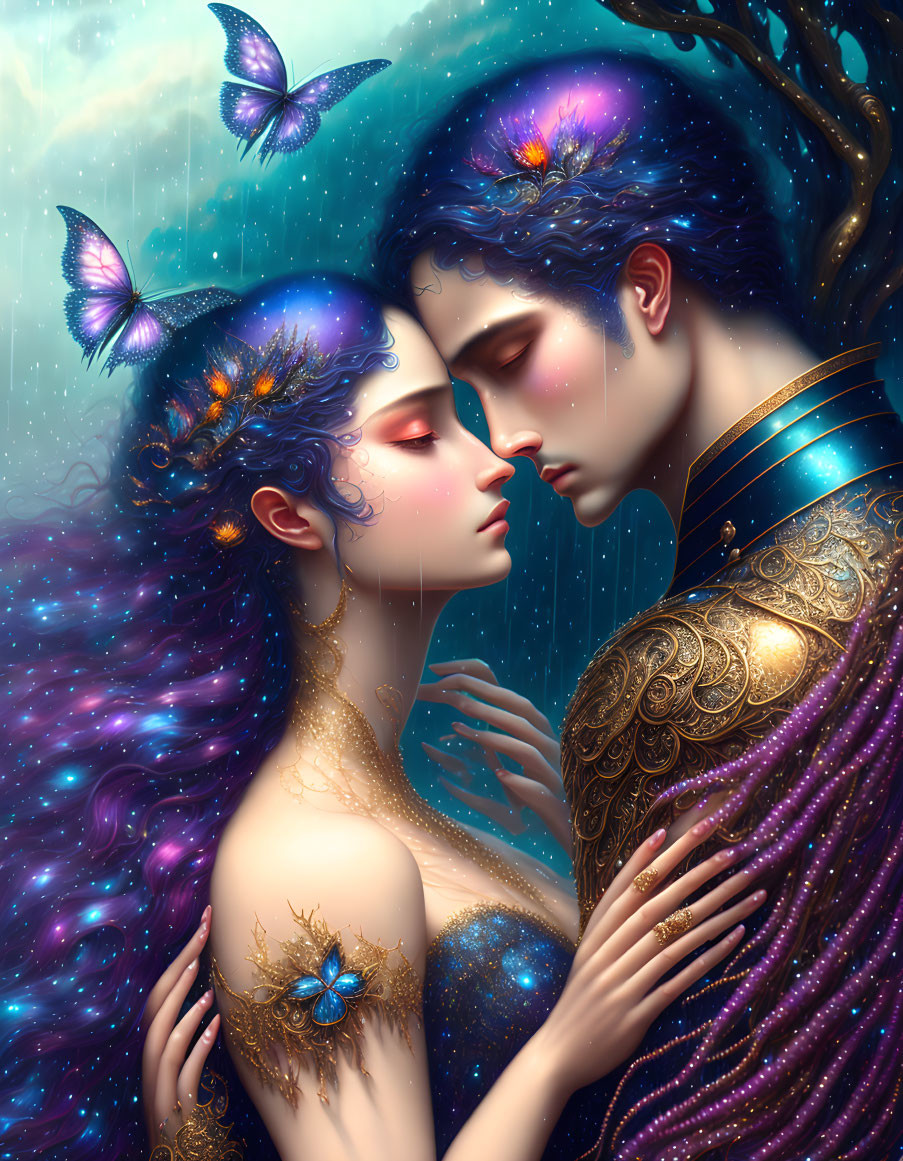 Cosmic couple with starry hair embracing under nebula sky