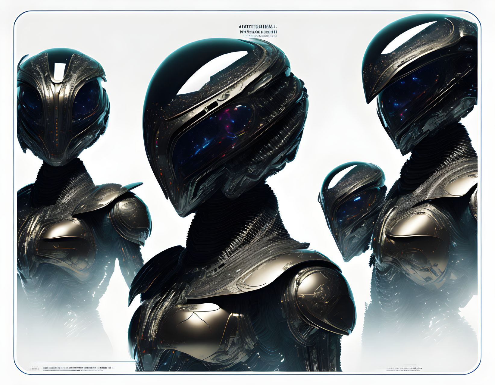 Detailed Conceptual Art: Futuristic Helmet Visor Variations with Sleek Designs & Cosmic Reflections