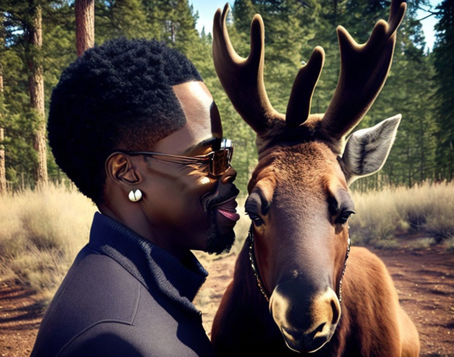 Man with sunglasses meets moose in forest clearing