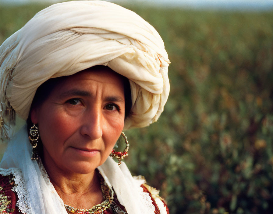 Traditional woman in headscarf and earrings, gazing outdoors