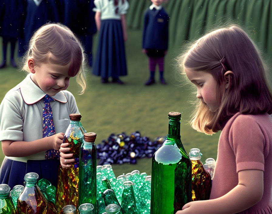 Children playing with colorful glass bottles on grass field