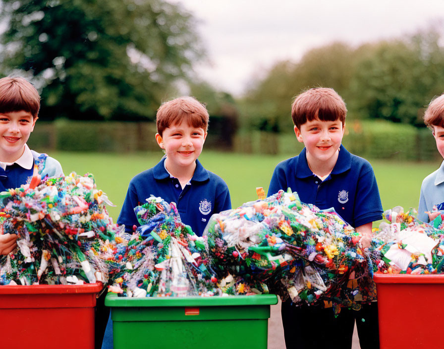 Schoolchildren in uniforms with colorful recycled materials.