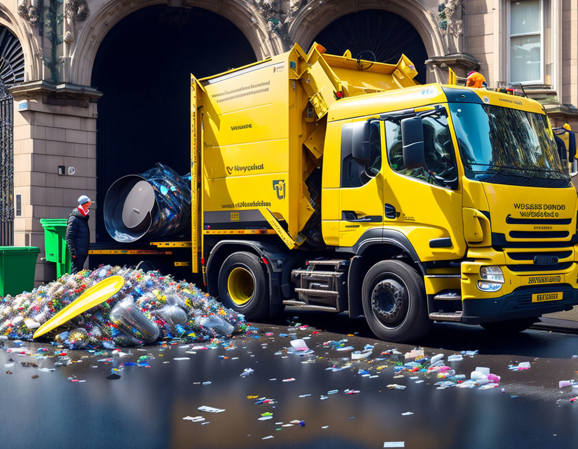 Overturned garbage truck spills waste on street as worker intervenes