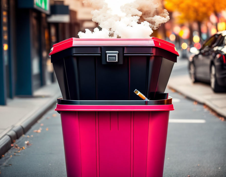 Overflowing red trash bin on city street with white foam, cars, and autumn trees.