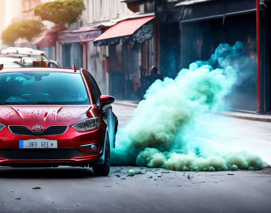 Red car emitting turquoise smoke on city street